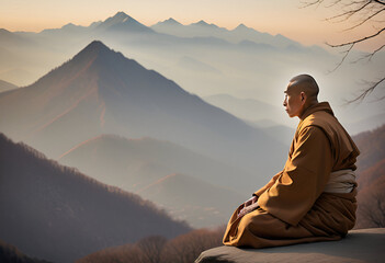a monk sits on a mountain and looks at the horizon - obrazy, fototapety, plakaty