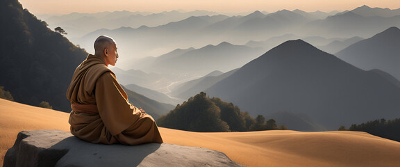 monk sits and looks at the mountains