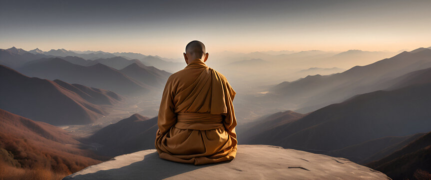 monk sits and looks at the mountains