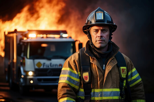 A male firefighter with a cloud of fire and smoke in the background. 911 is a firefighter fighting fire. Brave people dangerous work. dangerous situation, the intensity and bravery. banner