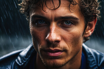 Obraz premium athlete outside in the rain. the concept of sports and tourism. In a raincoat. morning jog in bad weather. preparation for running competitions. portrait close-up of a man