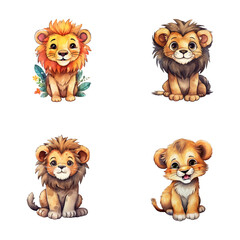 set of cute lion watercolor illustrations for printing on baby clothes, sticker, postcards, baby showers, apps, games and books, Safari jungle animals vector