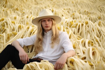 Serious, somber face expression of a young man. Grin, ironical smile on the face. Emotion. Concentrated. Blond guy in the noodles. Surrealism - obrazy, fototapety, plakaty