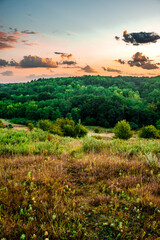 Red sun . Sunrise over the forest . Forest in summer morning . Green forest . Morning in the forest . Sky with clouds .