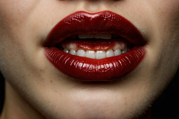 Fototapeta premium Woman, mouth close-up Diseases and viruses, allergies, enlarged, swollen, tongue ulcer