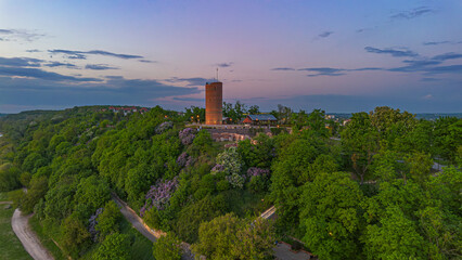 Aerial view of Klimek Tower at sunrise. Grudziadz. Poland