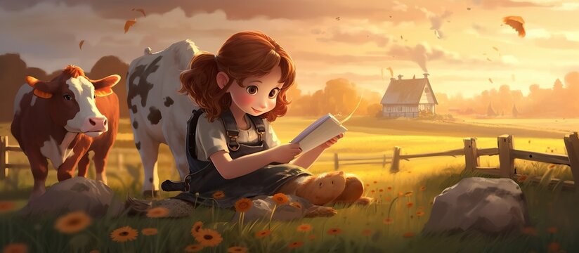 A girl paints an illustration of a cow cartoon character