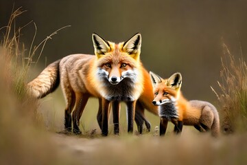 red fox vulpes adult fox with young