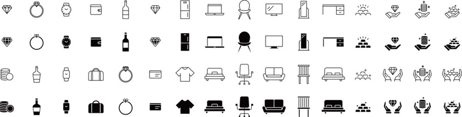 宝石やブランド物の線画とシルエットアイコンセット