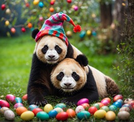 Two giant panda bear sitting on the grass with colorful easter eggs