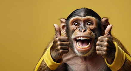 Fashion monkey smiles and shows thumbs up to appreciate good work or product. Wide banner with copy space. OK gesture, close-up Portrait on a yellow background - obrazy, fototapety, plakaty