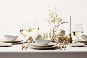 Fototapeta na wymiar New Year's Eve: Table Setting with Fine Dinnerware, Sparkling Wine, and Decor on a White Background
