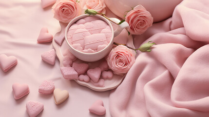 Valentine's Day: Roses, Heart-Shaped Chocolates, Love Letters, and Cozy Blanket. Flat Lay