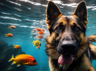 german Shepherd in the water. a dog on vacation by the lake in the pool. A small purebred breed looks charming, a perfect portrait of a beloved pet. with fish