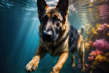 German Shepherd in the water. dog on vacation underwater in the lake. The small purebred looks adorable, the perfect portrait of a beloved pet.