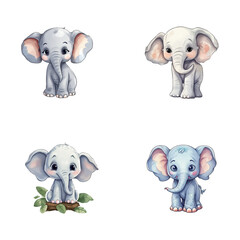 set of cute elephant watercolor illustrations for printing on baby clothes, sticker, postcards, baby showers, apps, games and books, Safari jungle animals vector