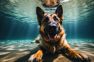 German Shepherd in the water. dog on vacation underwater in the lake. The small purebred looks adorable, the perfect portrait of a beloved pet.