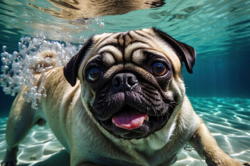 pug in the water. dog on vacation underwater in the pool. The small purebred looks adorable, the perfect portrait of a beloved pet.