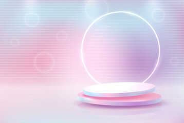 Round podium on a light illuminated background with neon lines and figures. Vector illustration.