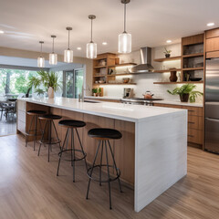 redesign this kitchen as organic modern with a peninsula island, Modern kitchen interior design, table and chairs, white walls - obrazy, fototapety, plakaty