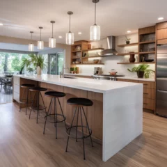 Foto op Canvas redesign this kitchen as organic modern with a peninsula island, Modern kitchen interior design, table and chairs, white walls © Kholoud