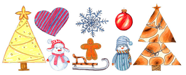 A selection of Christmas and New Year cliparts drawn with markers.