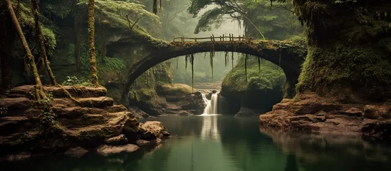 Photo sur Plexiglas Kaki Natural landscape with bridge and river. A river with a small waterfall and a wooden bridge