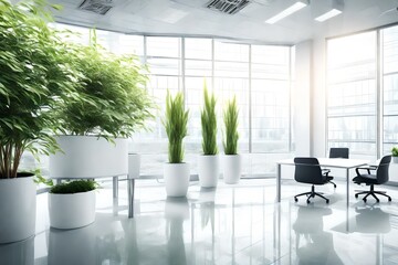 bright and cleen office environment abstract background bright office with green plants and large window - obrazy, fototapety, plakaty