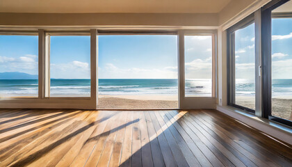 empty apartment room with wooden floor of beach house sea view from windows copy space generative ai