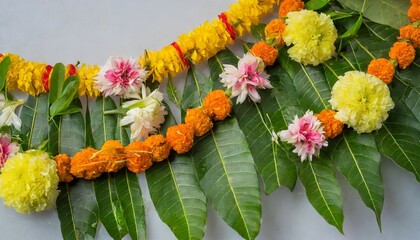 mango leaf marigold flower garland decoration for indian hindu auspicious occation