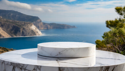 white marble podium with sea view on background high quality photo - obrazy, fototapety, plakaty