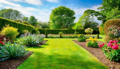 english style garden with scenic view of freshly mowed lawn flower bed and leafy trees - obrazy, fototapety, plakaty