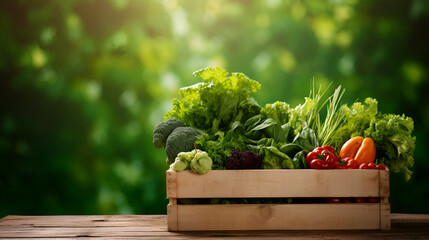 a wooden box with fresh organic food on a wooden table against green background