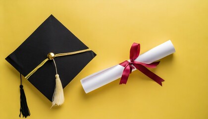 top view of graduation mortarboard and diploma on yellow background education concept