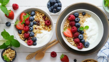 two healthy breakfast bowl with ingredients granola fruits greek yogurt and berries top view weight loss healthy lifestyle and eating concept - obrazy, fototapety, plakaty