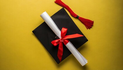 top view of black graduation cap with red tassel with diploma on top on yellow background