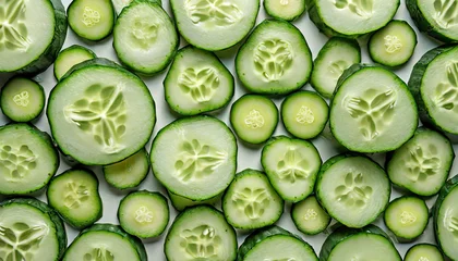 Foto op Plexiglas pattern of sliced cucumber close up top view © Enzo