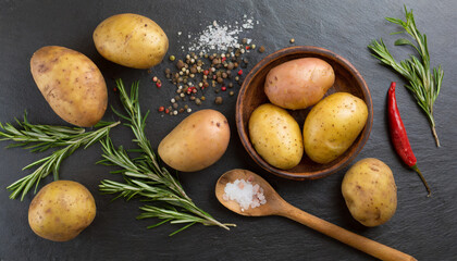 food background top view of potatoes herbs and spices on rustic black slate