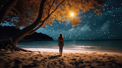 Girl near the sea in the night - obrazy, fototapety, plakaty