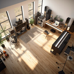Piano room, music room interior design, guitar, living room, White walls, wooden floor 