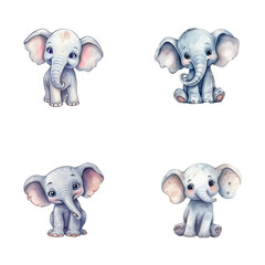 set of cute elephant watercolor illustrations for printing on baby clothes, sticker, postcards, baby showers, apps, games and books, Safari jungle animals vector
