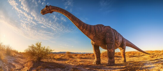 Big brachiosaurus with a long neck. Herbivorous dinosaur of the Jurassic period. - obrazy, fototapety, plakaty