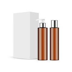 Lotion Or Shampoo, Amber Bottles, Packaging Box, Cosmetic Mockup, Isolated On White Background. Vector Illustration