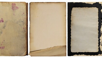 set collection of three stained grungy vintage antique paper sheets with ripped borders retro book page backgrounds textures or collage design elements isolated over transparency png