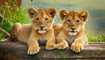 two lion cubs about 6 months old lie down and rest
