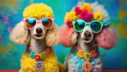 two lovely poodles wearing sunglasses with vibrant colored frames and colorful hair adorned with...