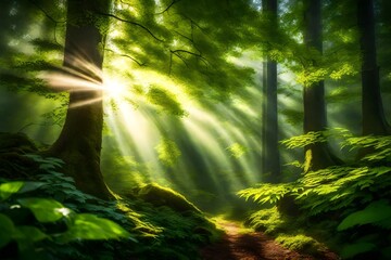 Sunbeams piercing through fresh green leaves in a rejuvenated forest.