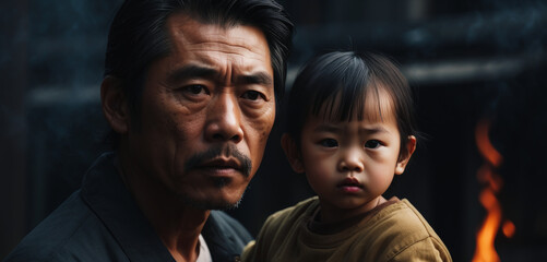 Portrait of an Asian adult man with a child in despair, sad look, ruins of a house in the background, flames and smoke from a fire. Tense scene: a family without an apartment. home loss concept