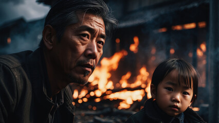 Portrait of an Asian adult man with a child in despair, sad look, ruins of a house in the background, flames and smoke from a fire. Tense scene: a family without an apartment. home loss concept