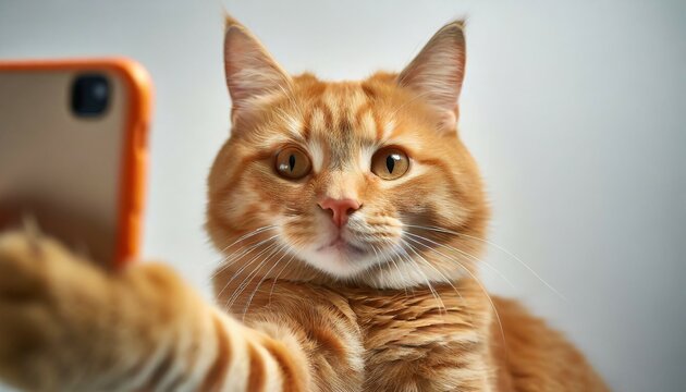 portrait of tabby ginger cat makes selfie over white background adorable pet posing like he takes photos with smart phone cute domestic animal red cat photographs himself natural light wide angle
